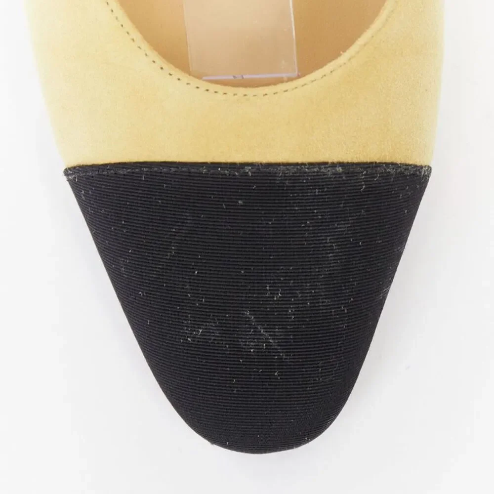 Chanel Beige Suede Grosgrain Cap Toe Slingback Pumps